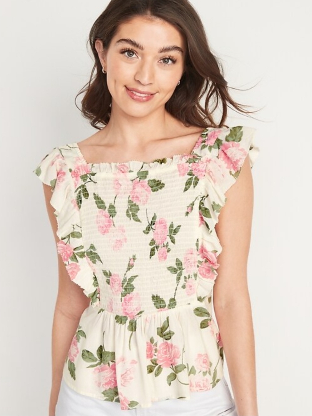 Old Navy cream floral rose print smocked bust ruffled flutter sleeve blouse - Picture 2 of 9